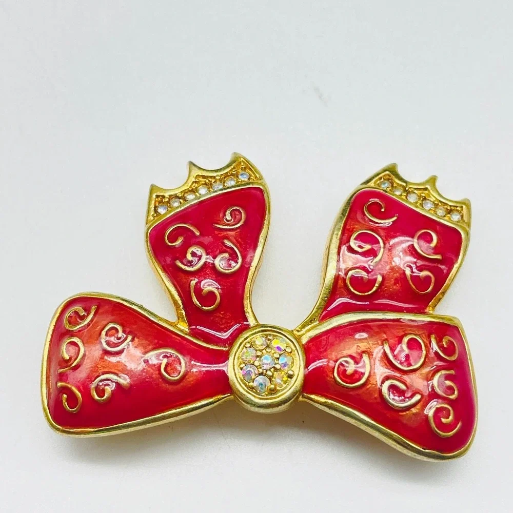 Vintage Bow Brooch Pin Red Enamel Gold Tone Scroll Accent Rhinestone Center Gift